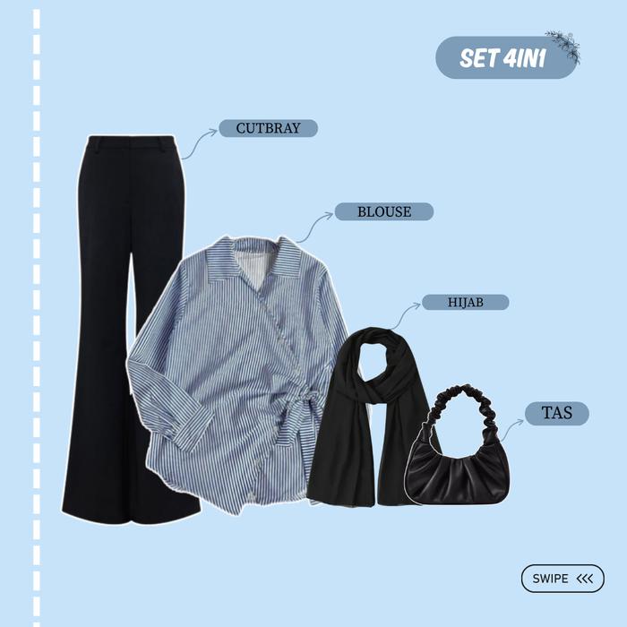 Gambar Amora OOTD Wanita Dewasa Kekinian (Blouse,  Celana  Cutbray, Tas, Hijab) Outfit Kuliah Healing LA26 - SET 4IN1 dari luce amore undefined Tokopedia