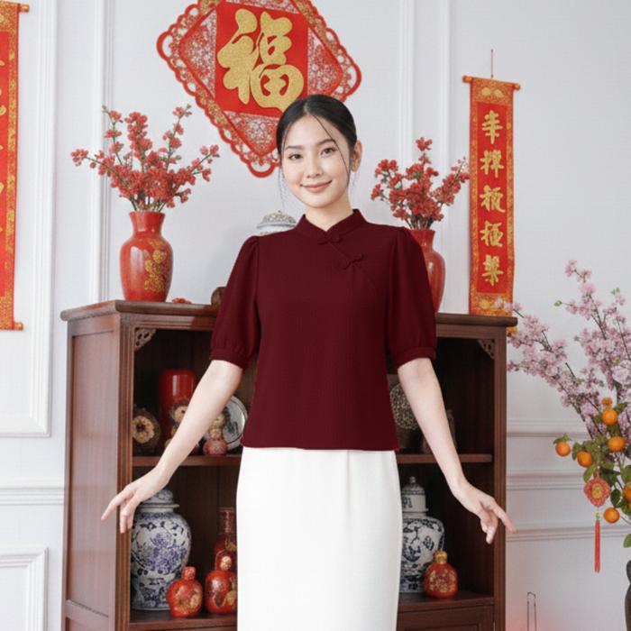 Gambar MKY Clothing Yuha Lunar Blouse - Blus Lengan Pendek - Maroon dari MKY Clothing undefined Tokopedia