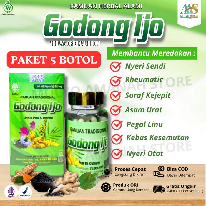 Gambar Jamu Asam Urat Pegal Linu Kapsul Godong Ijo BPOM - PAKET 5 BOTOL suplemensarafkejepit dari dari GODONG IJO ORIGINAL BPOM undefined Tokopedia