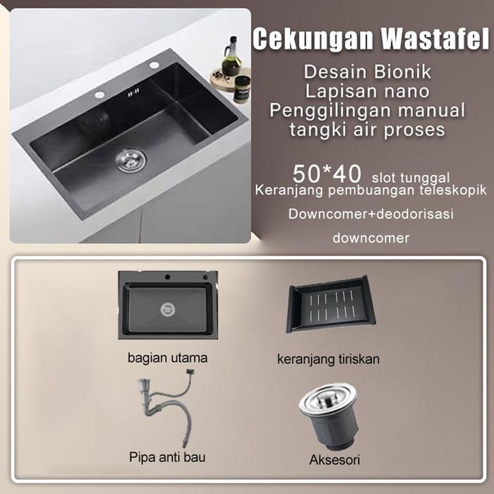 Gambar Kitchen Sink Set Hitam/Perak 5040 Stainless Steel 304 Cuci Piring  Minimalis Wastafel Kombinasi Keran - body only black dari NURUL119 undefined Tokopedia
