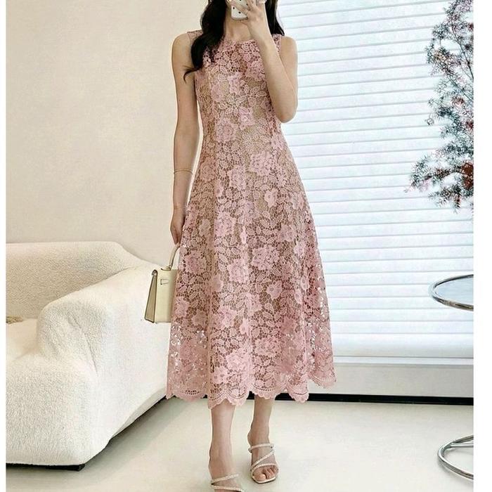 Jual Midi Long Dress Floral Lace Renda Flowy Elegant Spring Korean Premium Import - Pink - Kab. Tangerang - Snb Catwalk