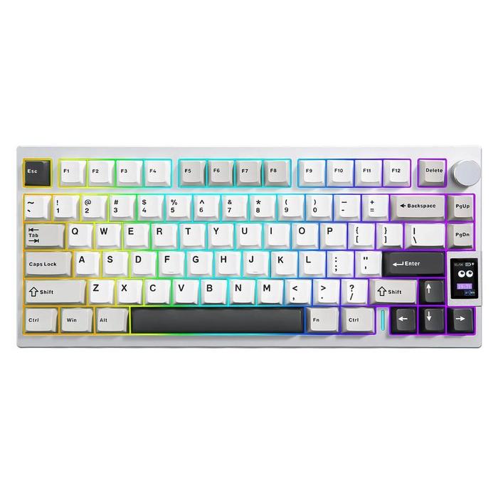 Black aluminium gaming keyboard with RGB lights and LCD screen