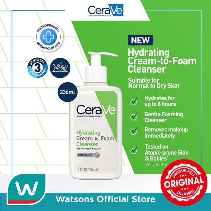 Gambar CeraVe Hydrating Cream-to-Foam Facial Cleanser 236ml - Makeup Remover dari Watsons Indonesia Official Store undefined Tokopedia