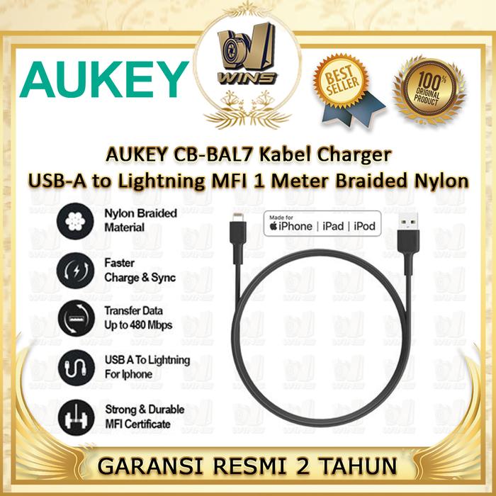 Gambar AUKEY CB-BAL7 Kabel Charger USB-A to Lightning MFI 1 Meter Braided Nylon Garansi 2 Tahun Fast Sync 480Mbps Quick Charge iPhone iPad iPod - Black dari WINS OFFICIAL STORE undefined Tokopedia