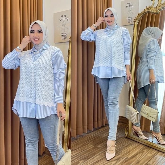 Gambar kemeja momogi salur combi brukat lengan panjang hijab friendly Formal Wanita Kantor Baju Katun Muslim Nyaman Kombinasi Simple Dress Kotak Keren - Biru terang dari Fiar Fashion undefined Tokopedia