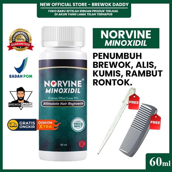Gambar 【BPOM ORI】Norvine Minoxidil 5% - Penumbuh Brewok Alis Rambut & Kebotakan 60ml | Stimulate Hair Regrowth | Gratis Ongkir Diskon XTRA Cairan Sisir Rontok Perawatan Vitamin - 1 Botol Norvine (60ml) dari Brewok Daddy Bali undefined Tokopedia