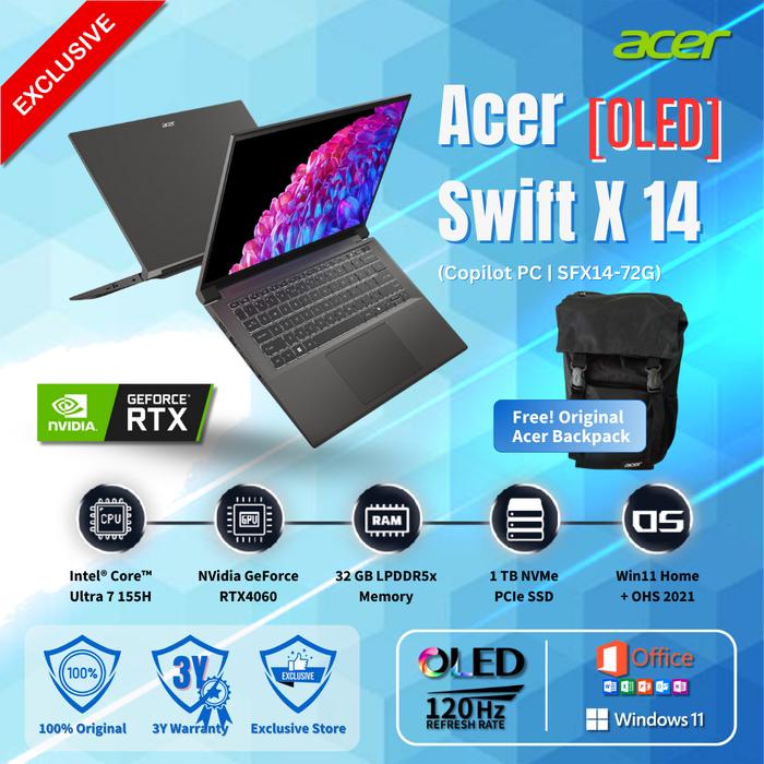 Gambar Acer Swift X 14 AI | Ultra 7 155H RTX4050/RTX4060 32GB 1TB W11+OHS | 14.0 OLED 2.8K 120Hz - SFX14-72G-79PY/70K8 - RTX 4050, LAPTOP dari Acer Exclusive Store Mall of Indonesia undefined Tokopedia