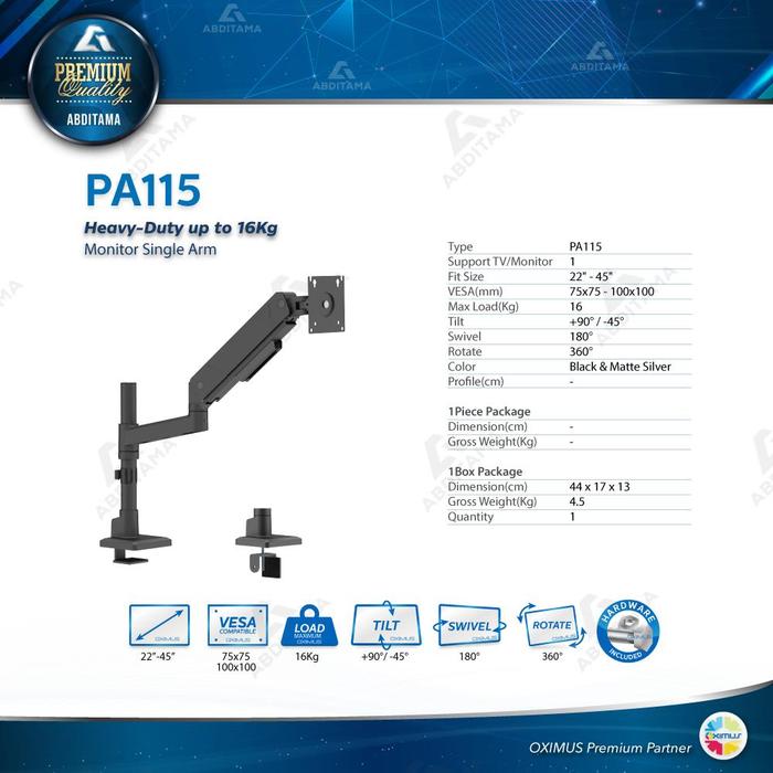 Gambar Oximus PA115 Bracket Meja DeskMount LifeMax Heavy-Duty Counterbalance Gas spring Pole-Mounted Monitor Single Arm Metal Construction Quick-Release Joints - PA115 Hitam dari Abditama Official undefined Tokopedia