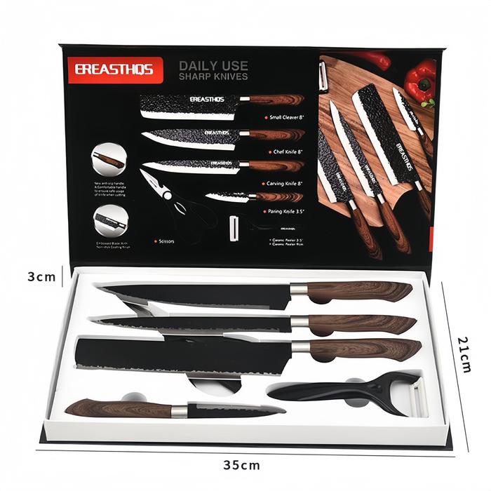 Gambar [COD] Pisau Dapur Set isi 6 pcs WoodenHolder Kitchen Knife Set Tidak Lengket Sangat Tajam Pisau Kitchenware - HITAM dari TYRONI-Shop undefined Tokopedia