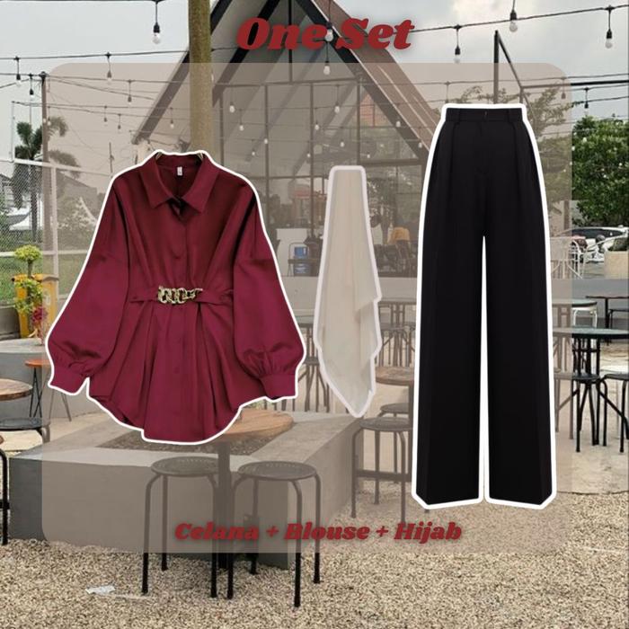 Gambar OOTD Paket Hemat Outfit Imelda Blouse Celana Kekinian Hijab Bella Square DSD6 Baju Atasan Panjang one set rumahan korean style 1 set ootd wanita korean style Airflow  Setelan Crinkle - One Set dari Daily Sunny Dress undefined Tokopedia