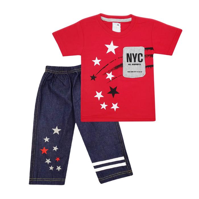 Gambar Wakakids Pakaian Bayi Anak Laki Laki Baju Lengan Pendek Motif NYC Star Setelan Celana Jeans 7/8 Usia 12 Bulan Hingga 18 Bulan 3499 - Merah dari Wakakids undefined Tokopedia