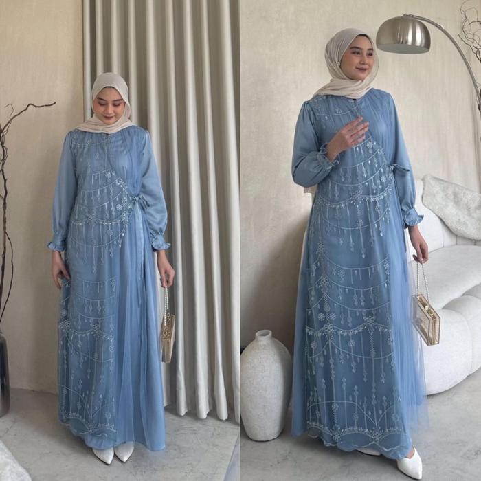 Gambar Shabrina Dress Tile Brukat Motif Gamis Silk Kondangan Busui Friendly - Denim, M dari almondshop undefined Tokopedia