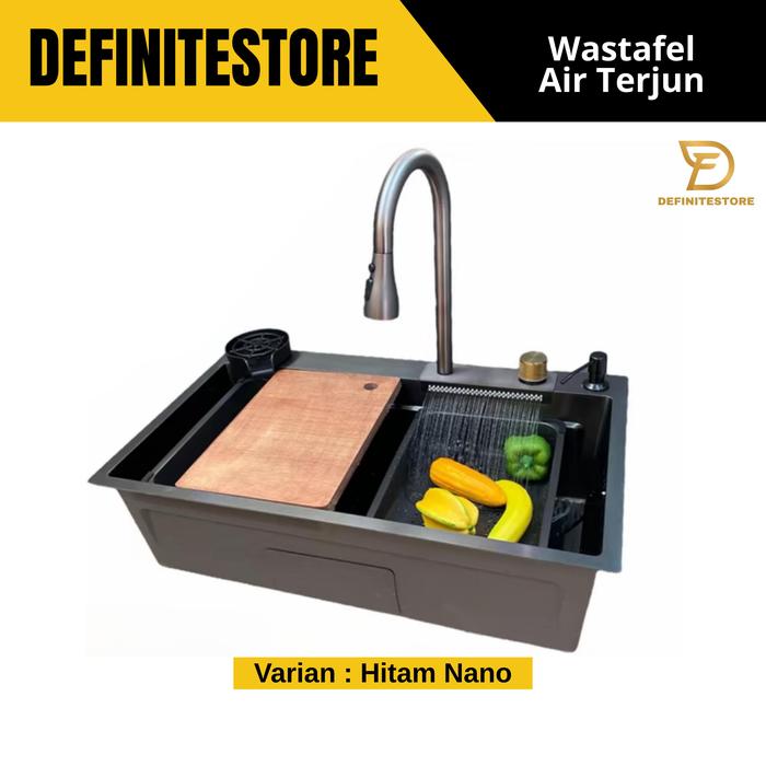 Gambar Kitchen Sink 1 Lubang Wastafel Cuci Piring 1 Lubang Bak Cuci Piring 1 Lubang Stainless Steel Kran Air terjun 7545 Anti Karat Anti Kelupas Komplit Peredam Suara Keran - HITAM NANO dari DEFINITESTORE undefined Tokopedia