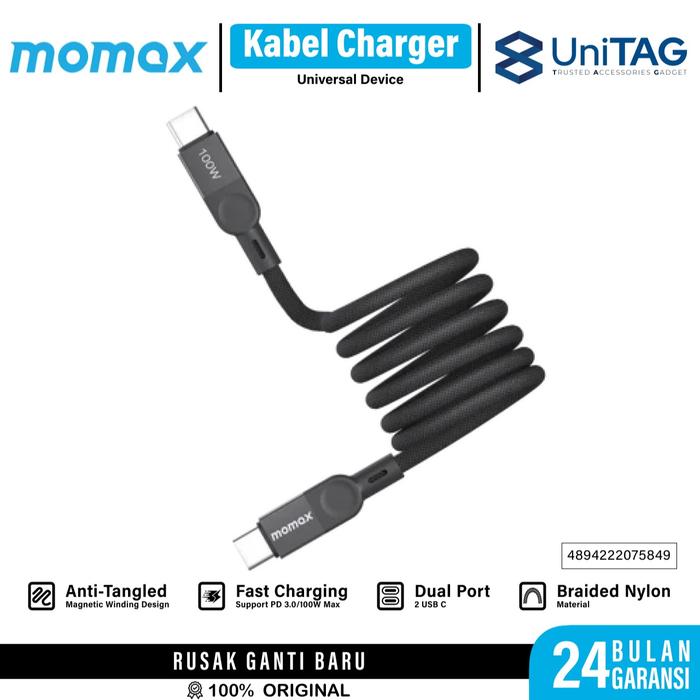 Gambar Momax Kabel Data Type C to Type C Momax Magnetic Cable Braided Fast Charging PD 100 Watt 5A 2in1 - Mag.Link Black, 1m dari Momax Indonesia undefined Tokopedia