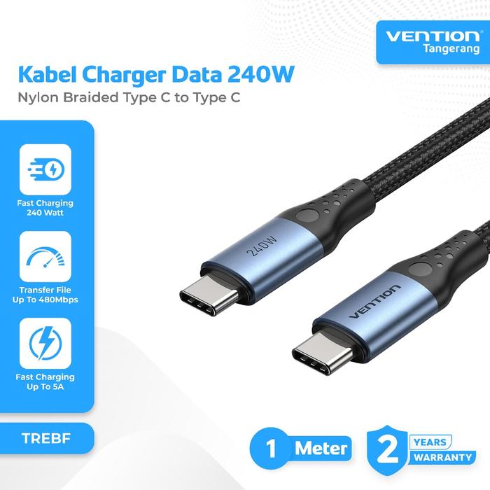 Gambar VENTION TREBF Kabel Data Type C to Type C Super Fast Charging 5A 240W 1 Meter 1M Aluminium Alloy Charger 240 Watt Casan PD Power Delivery Cable dari ghanya undefined Tokopedia
