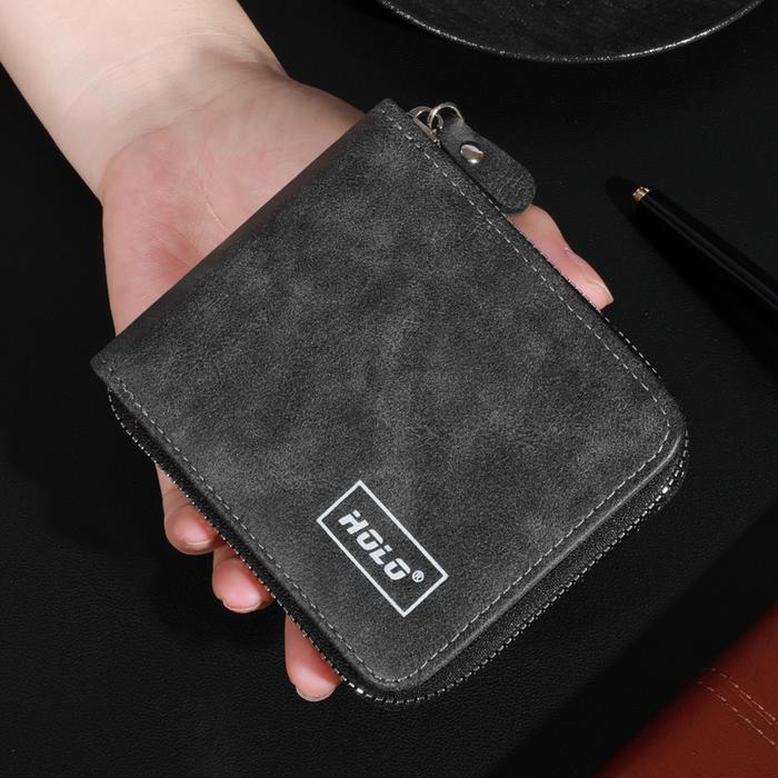 Gambar HOLO Dompet Cowok Premium Kulit PU Retro Dompet Pria Lipat Kartu Kecil Keren Portabel - abu-abu hitam dari HOLO ID Kab. Tangerang Tokopedia