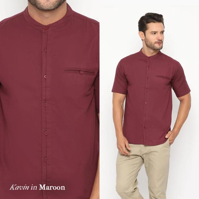Gambar Coop Design - Kavin Kemeja Koko Kerah Changi Collarless Katun Ripstop Premium Basic Polos Lengan Pendek Pria - Maroon, M dari Coop Design undefined Tokopedia