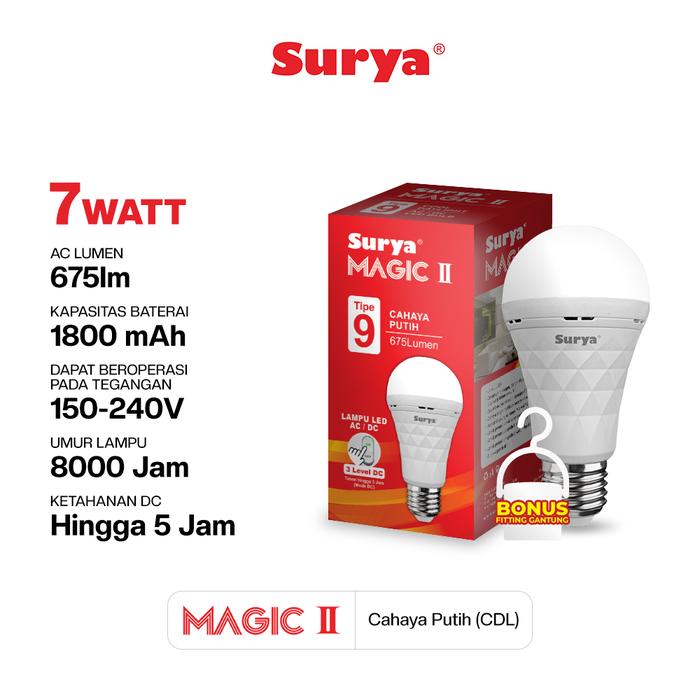 Gambar Surya Lampu Emergency Bohlam LED Magic II Tipe9 AC/DC 7 Watt Cahaya Putih dari Surya Lighting Shop undefined Tokopedia