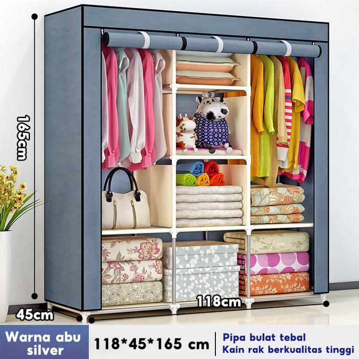Gambar 【Free Shipping】 Lemari pakaian multifungsi, lemari portable tahan debu dengan gantungan, lemari warna solid di tiga sisi, lemari pakaian sederhana kokoh dan tahan lama Furniture - 118cm Abu-abu dari furniture superman undefined Tokopedia