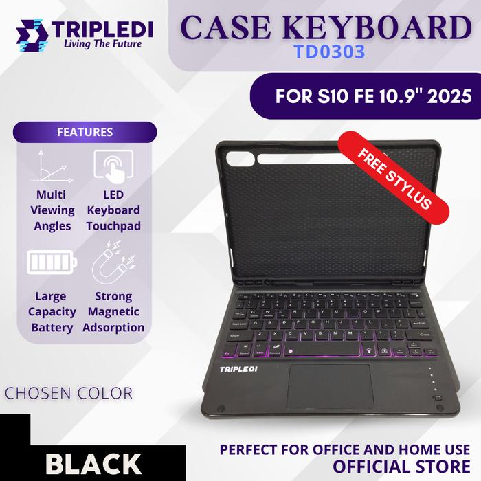 Gambar TRIPLEDI Case Keyboard For Samsung Galaxy Tab S10 FE 10.9 Inch 2025 TD0303 Cover Flip Folio Detachable LED Touchpad Bluetooth Casing Magic Magnetic PU Leather Shockproof Free Stylus SM-X520 SM-X526B - Hitam dari TRIPLEDI undefined Tokopedia