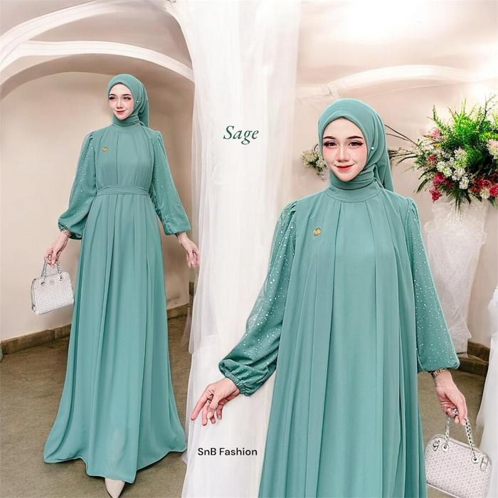 Gambar SnB Audi Dress Gamis Set Hijab Ceruty Mix Tille Sparkling Premium Full Furing Tren Outifit Wanita Muslim Simple Elegan Ootd Pesta Kondangan Terbaru - Sage, (XL) LD 110cm dari SnB Fashion Muslim_NEW undefined Tokopedia