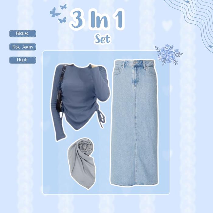 Gambar Abelle Outfit Set [ Blouse + Rok Jeans + Hijab ] One Set Korean Style | OOTD Fashion Wanita - 3 in 1 Set dari inpink.outfit undefined Tokopedia