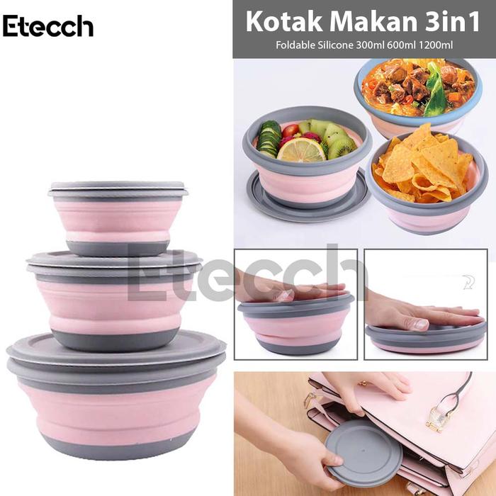 Gambar Kotak Makan Lunch Box 3 in 1 Foldable Silicone 300ml 600ml 1200ml Kitchenware Plastik Silikon Lipat dari Etecch undefined Tokopedia