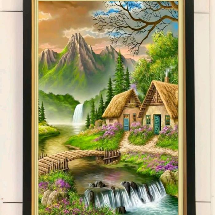 Gambar hiasan dinding lukisan cetak pemandangan rumah asri & air terjun plus figura ukuran 65*45 - a dari Aeriapart undefined 2 Tokopedia