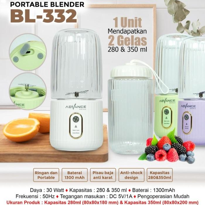 Gambar Advance Digital Blender Advance Portable BL-332 Ringan & Mudah Dibawa Baterai 1300mAh Pisau Baja Anti-karat 2 Gelas 280ml & 350ml Portabel untuk Smoothie Segar di Mana Saja - White, Non Bubble Wrap dari Station Mart_NEW undefined Tokopedia