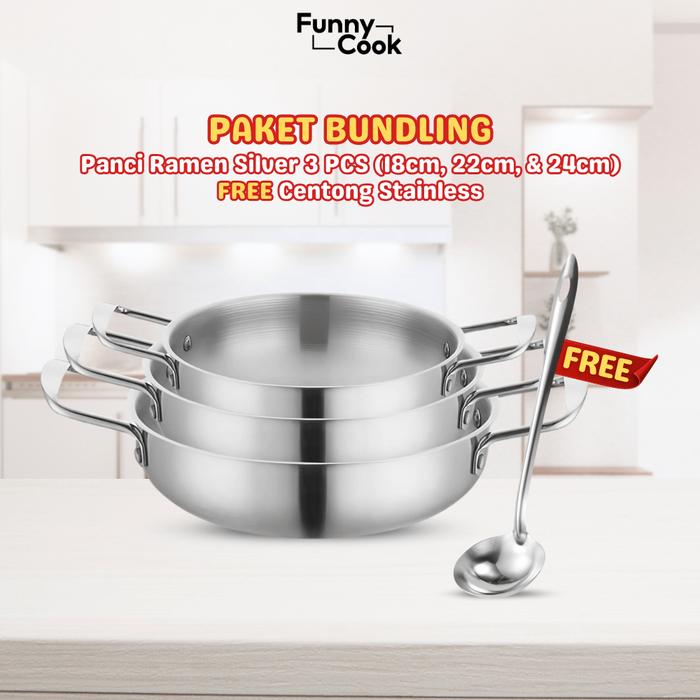 Gambar [EXCLUSIVE AMELIAKHYAR] Funnycook Panci Ramen SILVER GOLD Korea Stainless Steel 18 22 24 cm Ramyun Noodle Pot Kitchenware Mie - SILVER SET dari Funnycook.Indonesia undefined Tokopedia