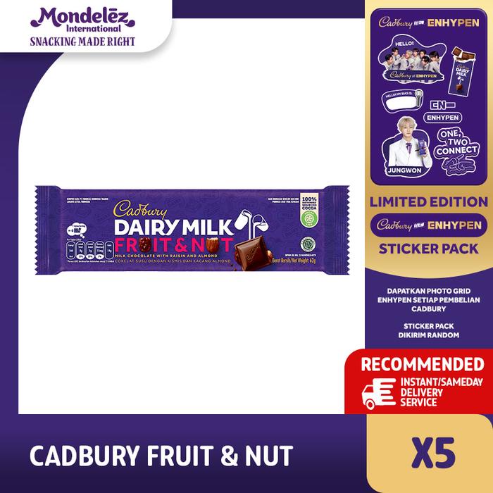 Gambar CADBURY DAIRY MILK CHOCOLATE FRUIT & NUT 62gr X 5 | Cokelat Rasa Susu Yang Lembut Dengan Buah dan Kacang dari Cadbury Indonesia undefined 3 Tokopedia