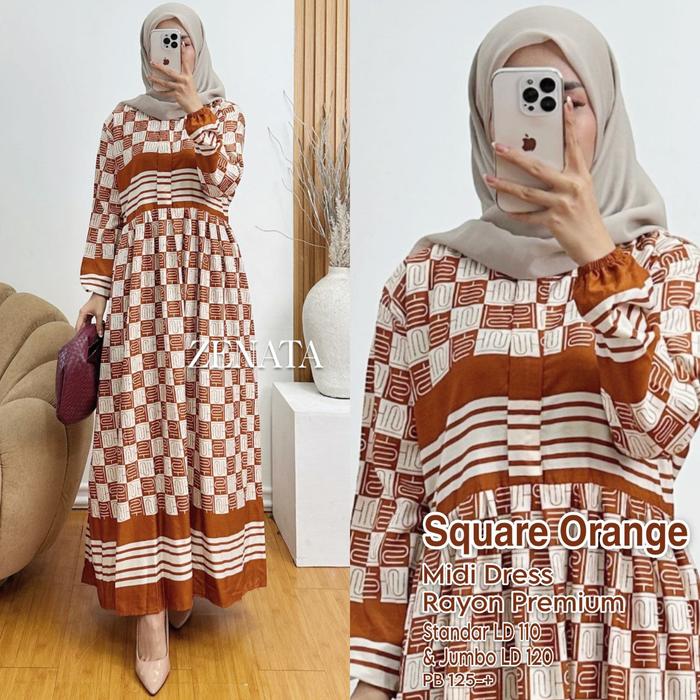 Gambar Midi Dress Rayon Motif Ready Standar & Jumbo Bahan Rayon Premium Terlaris Ld 110 & 120 Pb 125 Katun Flowy Dress Busui Friendly Adem Fit Nyaman Daster Panjang Gamis Wanita Muslim Simple - Square Orange, Standar dari Zenata Fashion undefined Tokopedia