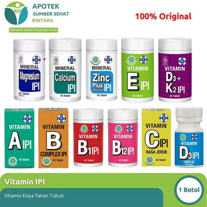 Gambar Vitamin IPI | Suplemen Harian Multivitamin | Vitamin A | Vitamin B kompleks | Vitamin C | Vitamin D3 1000 IU | D3K2 | Calcium | Zinc | Magnesium dari Apotek Sumber Sehat Bintara undefined Tokopedia
