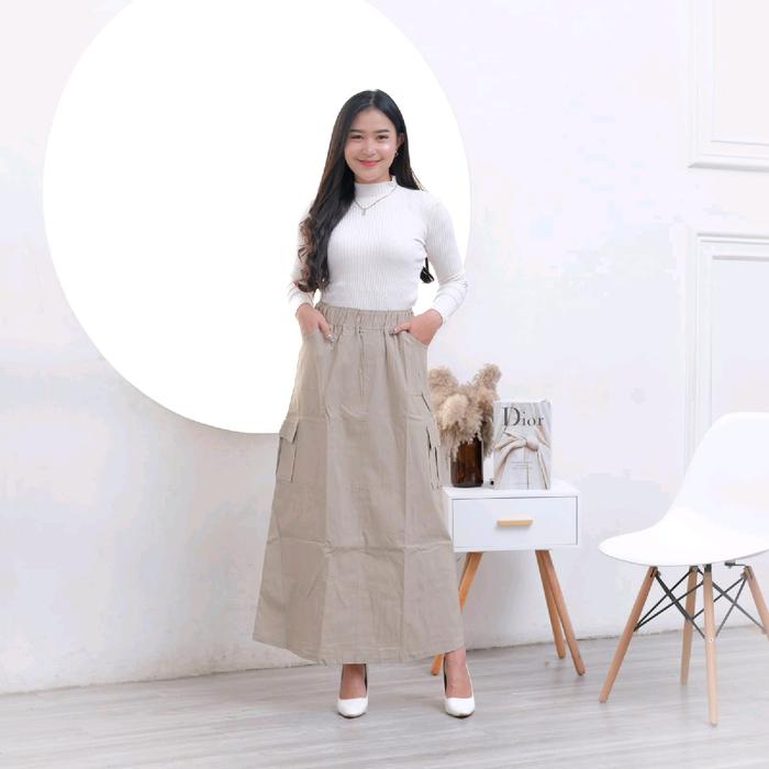 Gambar Rok cargo wanita panjang / Rok korean style / soft jeans / bisa cod - cream, ALL SIZE dari hilmi@colection undefined Tokopedia