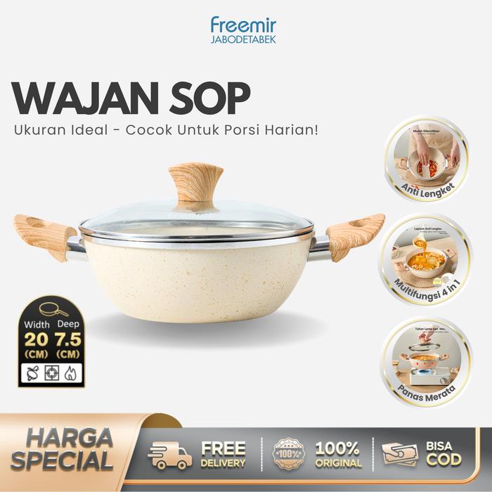 Gambar [MEGA SALE] freemir Wajan 20 cm Beige Granit Tebal Wajan Anti Lengket Tutup Kaca Single Bottom Premium 5 Ring bottom Kitchenware Premium kuping dari freemir Jabodetabek undefined Tokopedia