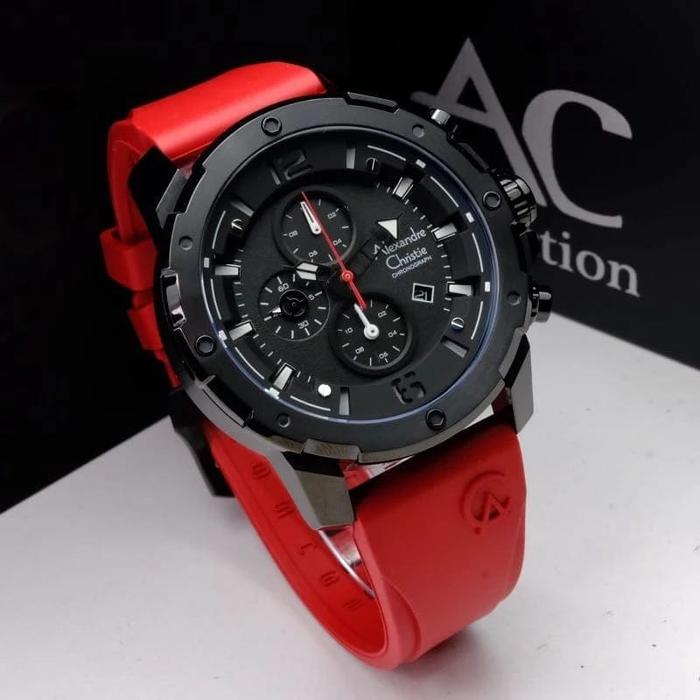 Jam Tangan Pria Alexandre Christie AC 6410 MC Original Garansi Resmi  Tahun rubber merah