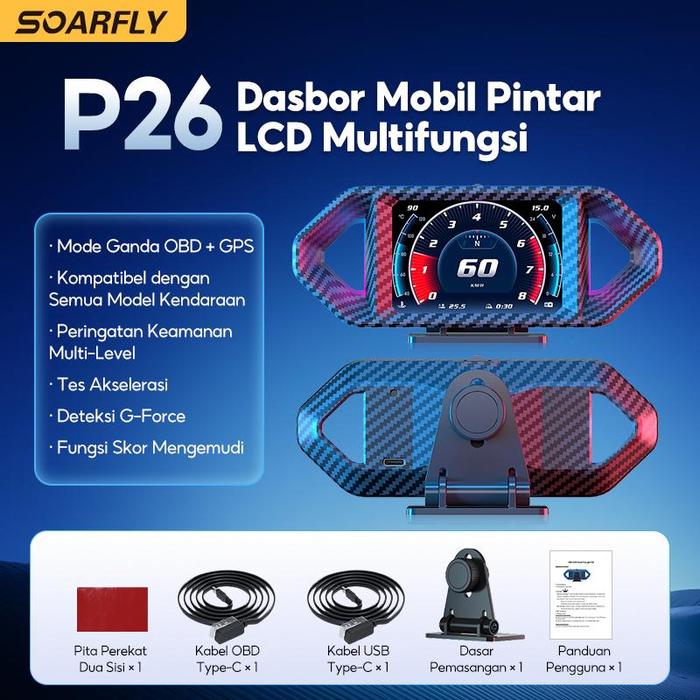 Gambar 【Pengiriman 24 jam】P26 Car Layar Display Hd Dengan lampu peringatan OBD2+GPS Smart HUD Sistem Ganda Smart Gauge Kode Kesalahan Bisa Dihapus Meter Digital Scanner Alarm Speed Gauge Display Hud Water Temp RPM Turbo Boost Bus Kendaraan - P26*1 dari Soarfly Motors undefined Tokopedia