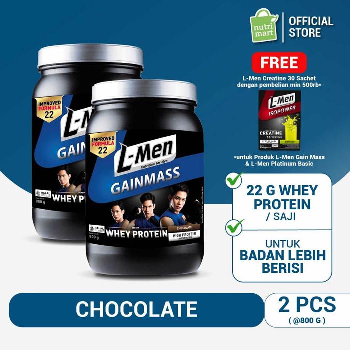 Gambar Twin Pack : L-Men Gain Mass Chocolate 800 gram-1,7lbs- 22g Whey Protein - 10 Serving dari grazelastore undefined Tokopedia