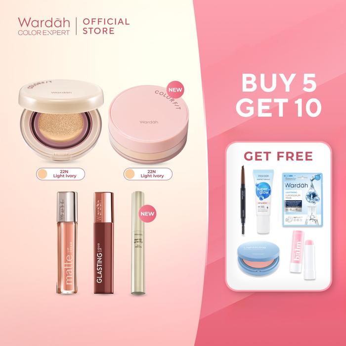Gambar [BUY 5 GET 10] WARDAH Glasting Liquid Lip + Colorfit Perfect Glow Cushion + HD Blurify Loose Powder + Anti-Gravity Mascara + Matte Lipcream FREE Hydrabalm + EyeXpert Matic Brow + Powder Foundie + SuperSerum Mask 20 ml + Super-Glow Berry Serum 8ml - Makeup dari wardahbeautyid undefined Tokopedia