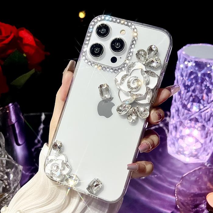 Gambar Luxury diamond flower case iPhone 11 12 13 14 15 pro max plus Cewek Anti drop casing iphone 15 14 13 12 11 promax premium with Lens Camera Protector transparent phone case - white, iphone11 dari Casing iphone no1 undefined Tokopedia