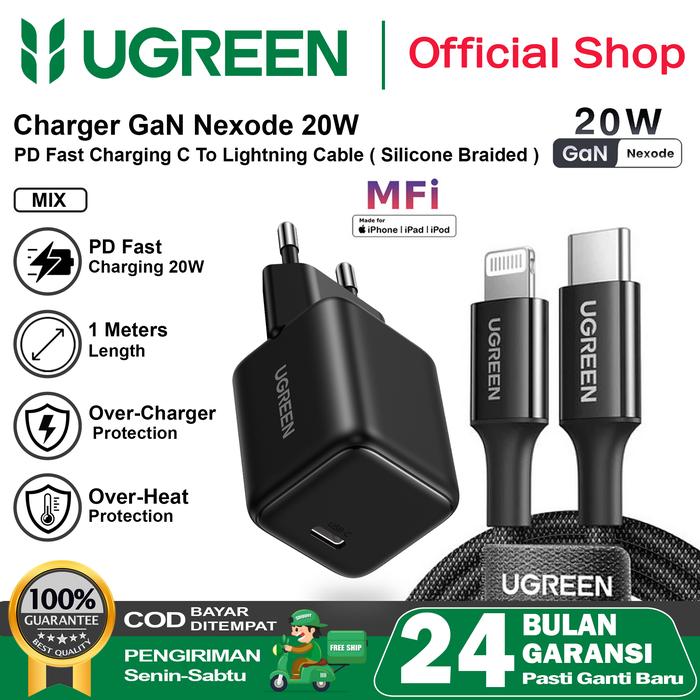 Gambar UGREEN Charger iPhone 11 12 13 14 Lightning MFI PD Type C Fast Charging 20w - 1Set GaN N 20w Black Silicone dari UGREEN Official Store undefined Tokopedia