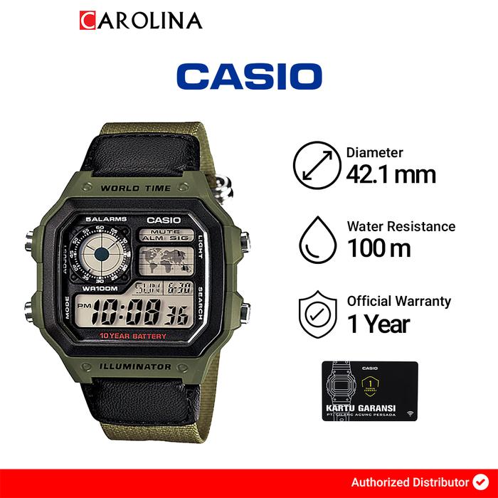 Gambar Jam Tangan Pria Casio AE-1200WHB-3B Digital Quartz Watch Black Dial Green Nylon Band - AE-1200WHB-3B dari Carolina Watch undefined Tokopedia
