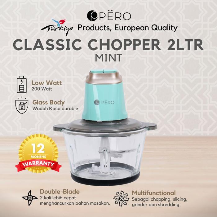 Gambar [MAK SAN] Pero Classic Chopper 2LTR / Food Processor 200 watt / Penggiling Daging Sayur Buah Es Batu / Chopper Kaca Tebal, 4 Mata Pisau -2 - Mint dari Pero Indonesia undefined Tokopedia