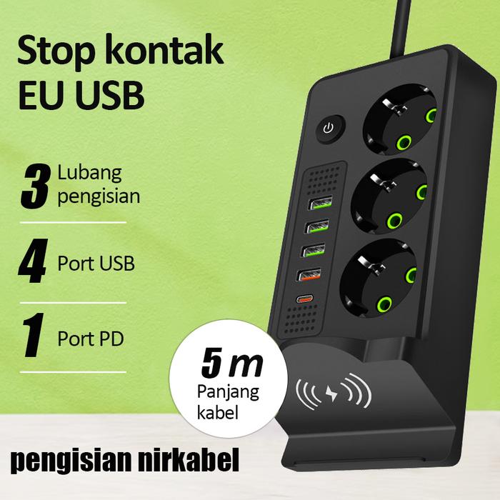 Gambar 2500W Stop Kontak Flame Retardant 3 Lubang USB Type-C Plug Steker Saklar Terminal Sambungan Saklar On Off 2/3/5 Meter Tembaga Wireless Charging Anti Panas Flame Retardant Kabel Aman Untuk Rumah Kantor Kos Mobil - Pengisian daya nirkabel hitam (5 meter) dari ID-TOOLS undefined Tokopedia