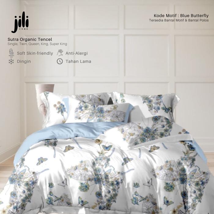 Gambar 100x200 Single - Sprei Set Sutera Organik Tencel Jili Home - Blue Butterfly, Bantal & Guling Motif dari jilihome undefined Tokopedia