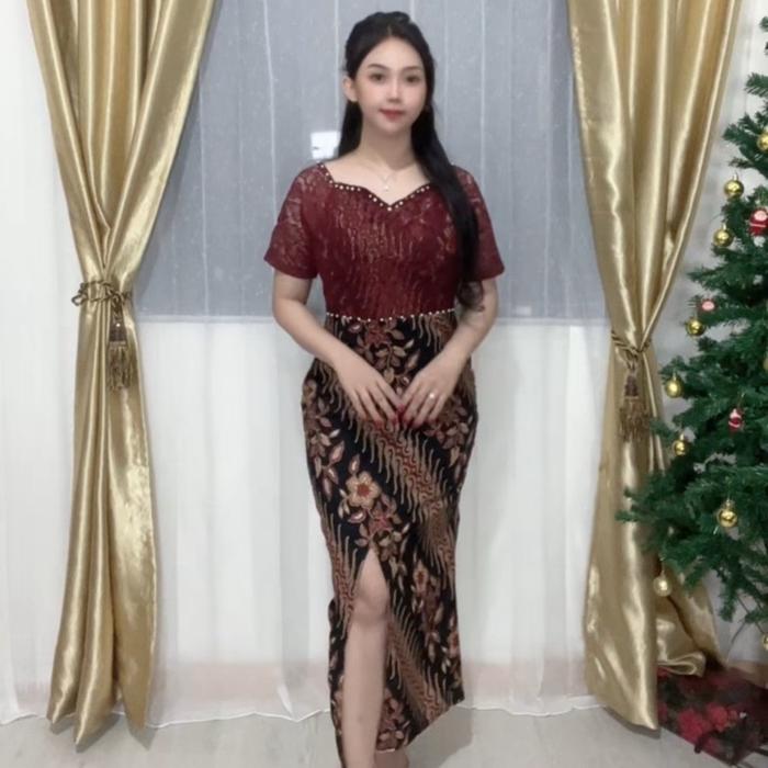 Gambar Dress Batik Widya / Dress pesta natal wanita / dress couple Gaun  Brokat Panjang Cantik Kondangan Mewah xl sesuai gambar - WIDYA DUSTY, M dari Aurelliafashion_NEW undefined Tokopedia