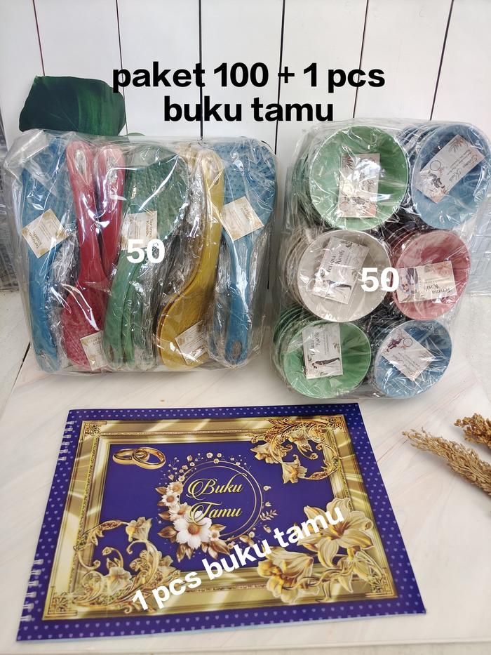 Gambar paket hemat souvenir pernikahan campur 100 pcs + 1 pcs buku tamu(50 pcs centong mejicom kemas plastik +  50 mangkok bulat sop kemas plastik + 1 pcs buku tamu murah) dari sulita jaya undefined Tokopedia