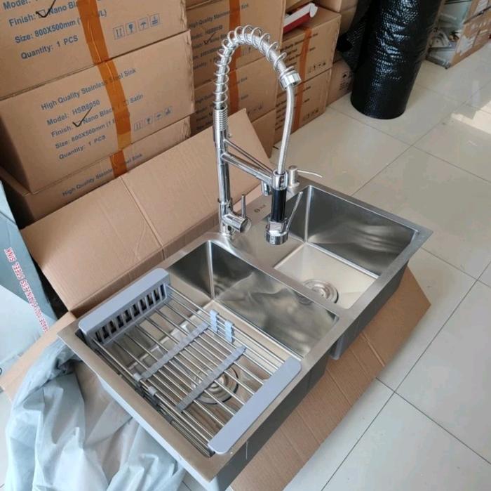 Gambar Kitchen Sink 8245 Stainless / Bak Cuci Piring Tebal Murah 2 Lubang - Paket Kran Pantry dari SANIVATION undefined Tokopedia