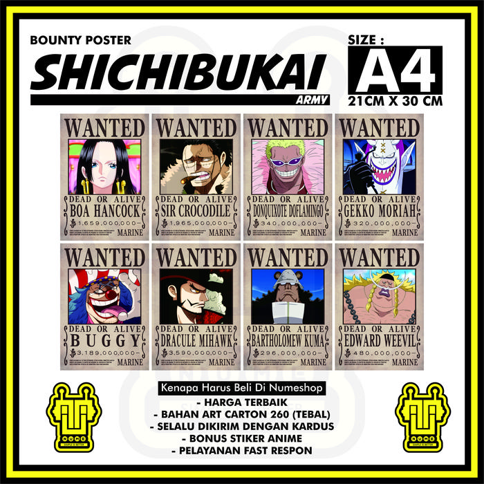 Gambar Poster Bounty Wanted One Piece Shichibukai Ukuran A4 (20cmx30cm) 1set dari NUME SHOP Tees & Toys undefined Tokopedia