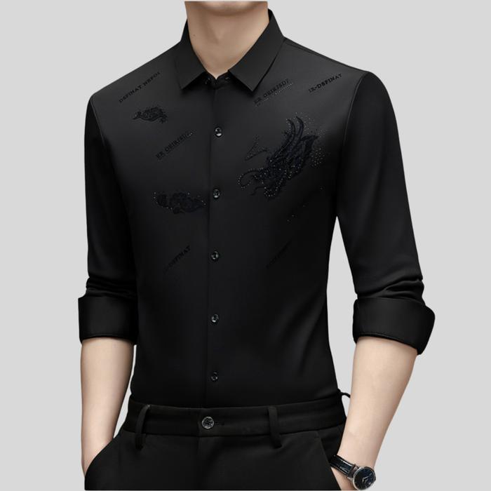 Gambar Kemeja Pria Lengan Panjang Bordir Naga Desain Korea Slimfit Elegan – Molux Now Fashion - Hitam, M dari Molux Now Fashion undefined Tokopedia